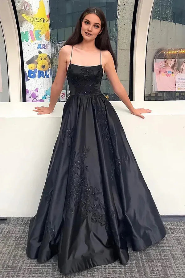 Vestido Weitese con tirantes finos brillantes, vestido de fiesta largo negro con apliques